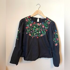 Zara - Black Blouse with Colorful Floral Embroidery - Size S